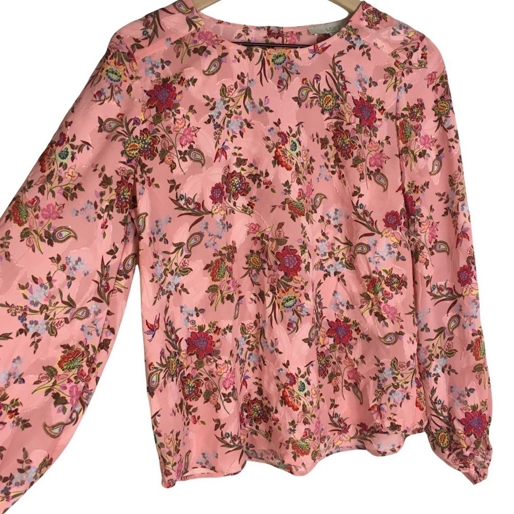 LOFT Blouse Top Floral Paisley Textured Long Sleeve Keyhole Draped Sleeves Small - Picture 4 of 10